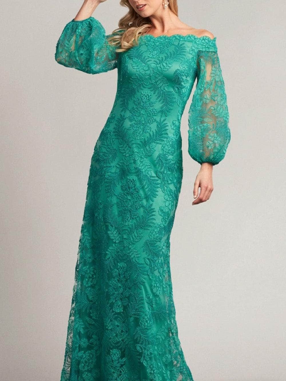 Tadashi Shoji brilliant Green Off-Shoulder Lace Gown